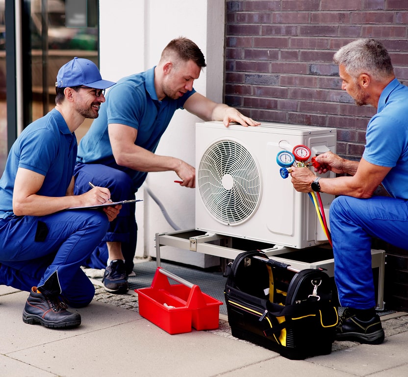 Workers around an AC unit