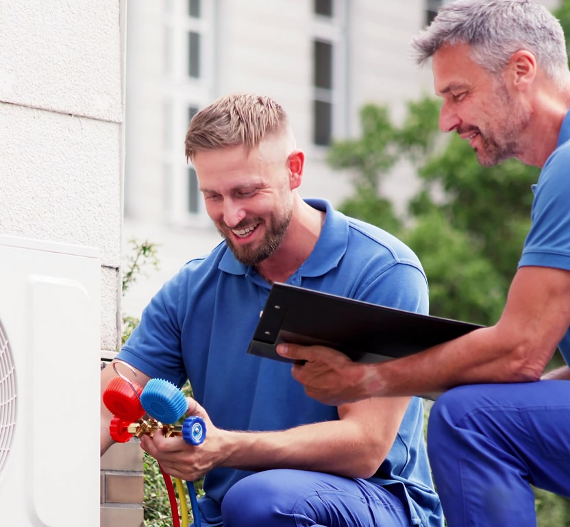 2 workers conversing as they use gauges on an HVAC system while the other holds a panel.